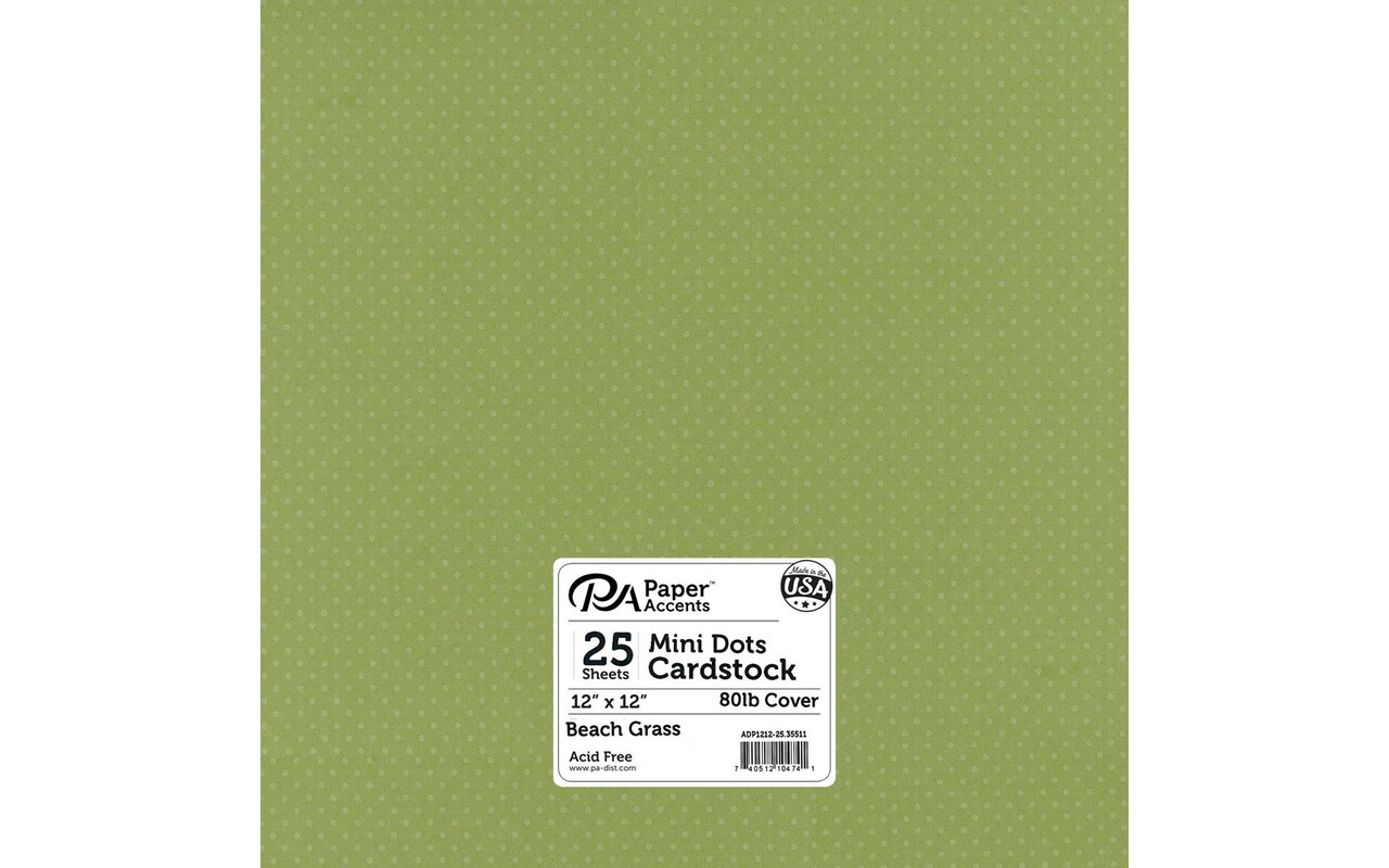 PA Paper Accents Mini Dots Cardstock 12" x 12" Beach Grass, 80lb colored cardstock paper for card making, scrapbooking, printing, quilling and crafts, 25 piece pack